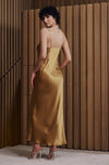 Model wearing 'Bénédicte' Hazelnut Long Silk Nightie, by Marjolaine (back view).