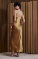 Model wearing 'Bénédicte' Hazelnut Long Silk Nightie, by Marjolaine (back view).