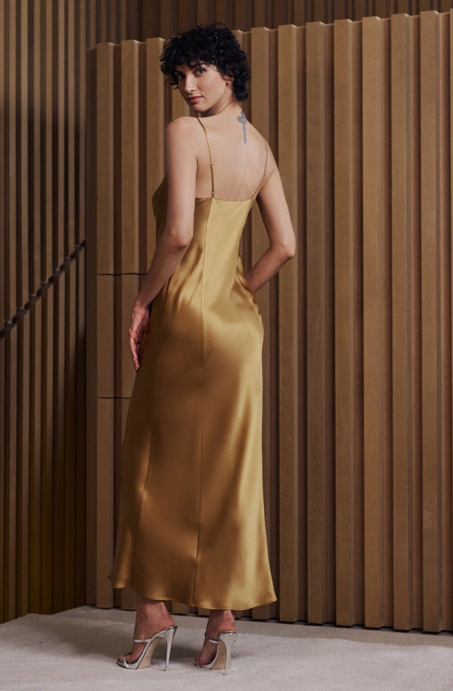 Model wearing 'Bénédicte' Hazelnut Long Silk Nightie, by Marjolaine (back view).
