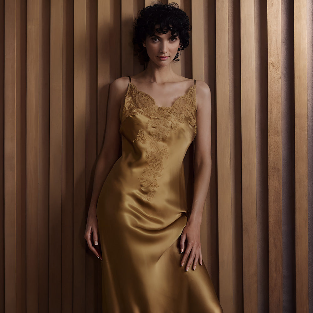 Model wearing 'Bénédicte' Hazelnut Long Silk Nightie, by Marjolaine (front view).