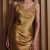 Model wearing 'Bénédicte' Hazelnut Long Silk Nightie, by Marjolaine (front view, close up).
