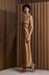 Model wearing 'Bénédicte' Hazelnut Long Silk Nightie, by Marjolaine (side view).