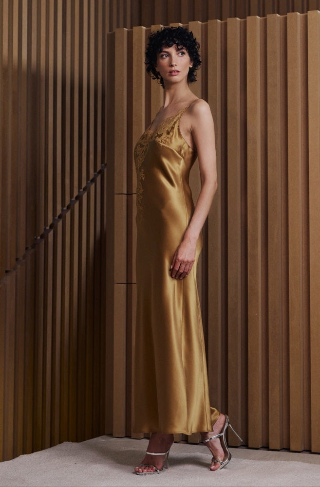 Model wearing 'Bénédicte' Hazelnut Long Silk Nightie, by Marjolaine (side view).