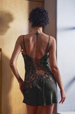 Model wearing 'Barbara' Bronze Babydoll Nightie, by Marjolaine (back view).