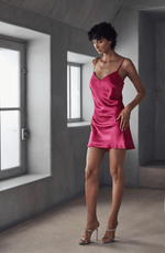 Model wearing 'Brooke' Magenta Babydoll Nightie, by Marjolaine (front view).