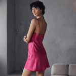 Model wearing 'Brooke' Magenta Babydoll Nightie, by Marjolaine (side view).