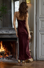Model wearing 'Nuit Divine' Brown Long Silk Slip / Chemise, by Marjolaine (back view).