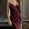 Model wearing 'Nuit Divine' Brown Long Silk Slip / Chemise, by Marjolaine (front view, close up).