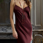 Model wearing 'Nuit Divine' Brown Long Silk Slip / Chemise, by Marjolaine (front view, close up).