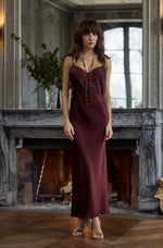 Model wearing 'Nuit Divine' Brown Long Silk Slip / Chemise, by Marjolaine (front view).