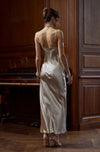 Model wearing 'Nuit Divine' Grey Silk Long Nightdress, by Marjolaine (back view).