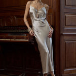 Model wearing 'Nuit Divine' Grey Silk Long Nightdress, by Marjolaine (front view).