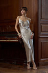 Model wearing 'Nuit Divine' Grey Silk Long Nightdress, by Marjolaine (front view).