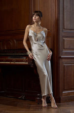 Model wearing 'Nuit Divine' Grey Silk Long Nightdress, by Marjolaine (front view).