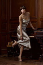 Model wearing 'Nuit Divine' Grey Silk Long Nightdress, by Marjolaine (front view).