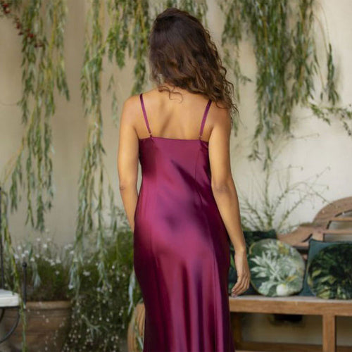 Model wearing 'Odana' Nightdress in Purple, by Marjolaine (back view).