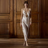 Model wearing Soie Unie 'Odana' Sable Long Silk Nightdress, by Marjolaine (front view).