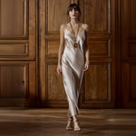 Model wearing Soie Unie 'Odana' Sable Long Silk Nightdress, by Marjolaine (front view).