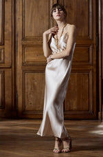 Model wearing Soie Unie 'Odana' Sable Long Silk Nightdress, by Marjolaine (front view).
