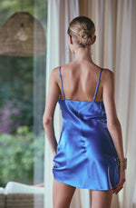 Model wearing 'Tracy' Blue Silk Chemise, by Marjolaine (back view).