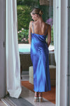 Model wearing 'Séduction Sauvage' Blue Silk Long Nightie, by Marjolaine (back view).