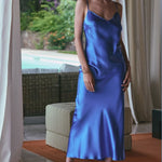 Model wearing 'Séduction Sauvage' Blue Silk Long Nightie, by Marjolaine (front view).