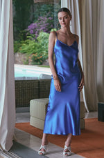 Model wearing 'Séduction Sauvage' Blue Silk Long Nightie, by Marjolaine (front view).