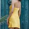 Model wearing 'Tracy' Yellow Silk Chemise, by Marjolaine (back view, close up).