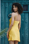 Model wearing 'Tracy' Yellow Silk Chemise, by Marjolaine (back view).