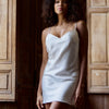 Model wearing 'Tracy' White Silk Chemise, by Marjolaine (front view).