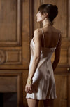 Model wearing 'Tracy' Beige Silk Chemise, by Marjolaine (back view).