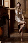Model wearing 'Tracy' Beige Silk Chemise, by Marjolaine (front view).