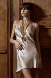 Model wearing 'Tracy' Beige Silk Chemise, by Marjolaine (front view).