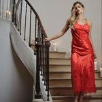 Model wearing 'Venus' Grenadine (Orange) Long Silk Nightie, by Marjolaine.