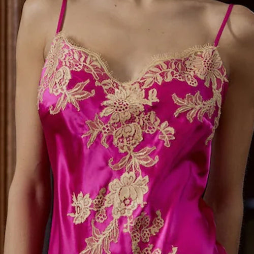 Model wearing 'Victoria' Fuchsia & Beige Silk Nightie, by Marjolaine (detail).