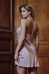 Model wearing 'Vita' Rose Quartz & Grey Silk Nightie, by Marjolaine (back view).