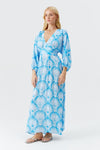 Model wearing 'Cecilia' Lotus Blue Maxi Beach Dress, by Melissa Odabash (front view).