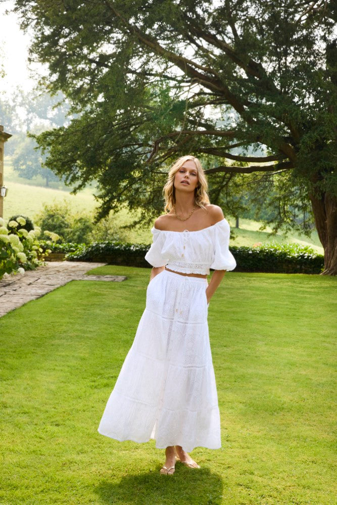 Model wearing 'Giorgia' White Beach Shirt, by Melissa Odabash (front view).