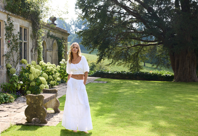 Model wearing 'Giorgia' White Beach Shirt, by Melissa Odabash (front view).