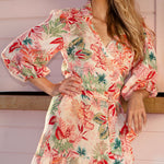 Model wearing 'Izzy' Tropical Beach Dress, by Melissa Odabash (front view, close-up).