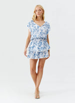 Model wearing 'Keri' Blue Leaf Short Beach Dress, by Melissa Odabash.