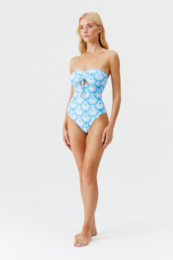 Model wearing 'Lucca' Lotus Blue Bandeau Swimsuit, by Melissa Odabash (front view).