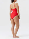 Model wearing 'Panarea' Red Swimsuit, by Melissa Odabash (back view).