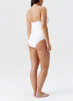 Model wearing 'Panarea' White Swimsuit, by Melissa Odabash (back view).