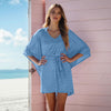 Model wearing Melissa Odabash 'Petra' Ocean Blue Short Kaftan (front view).