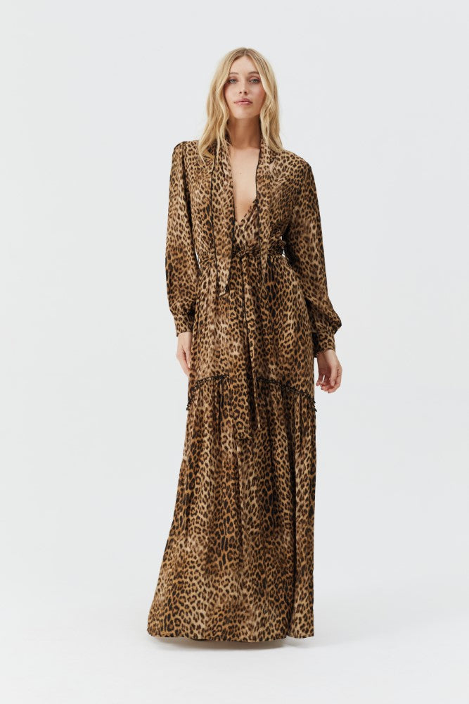 Model wearing 'Skylar' Cheetah Dress, by Melissa Odabash (front view).