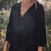 Model wearing 'Victoria' Black Kaftan, by Melissa Odabash (front view, close-up).