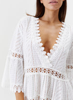 Model wearing 'Victoria' White Kaftan, by Melissa Odabash (close-up).