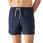 Model wearing 'Darley' Navy Blue Men's Swimming Shorts, by Mey (front view, close up).