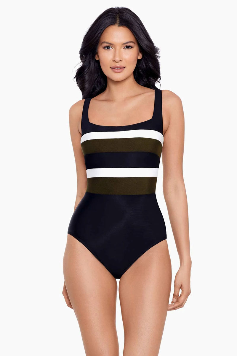 Miraclesuit Spectra collection 'Trinity' Shaping Swimsuit in Black, White & Olive Swimsuit Miraclesuit   